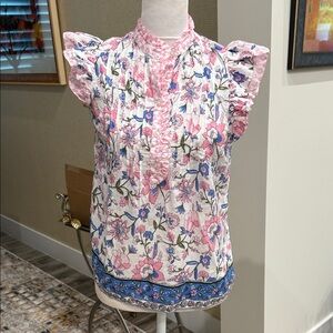 Vineyard Vines Pink and Blue Floral Sleeveless Blouse, Front Button Closure, XXS
